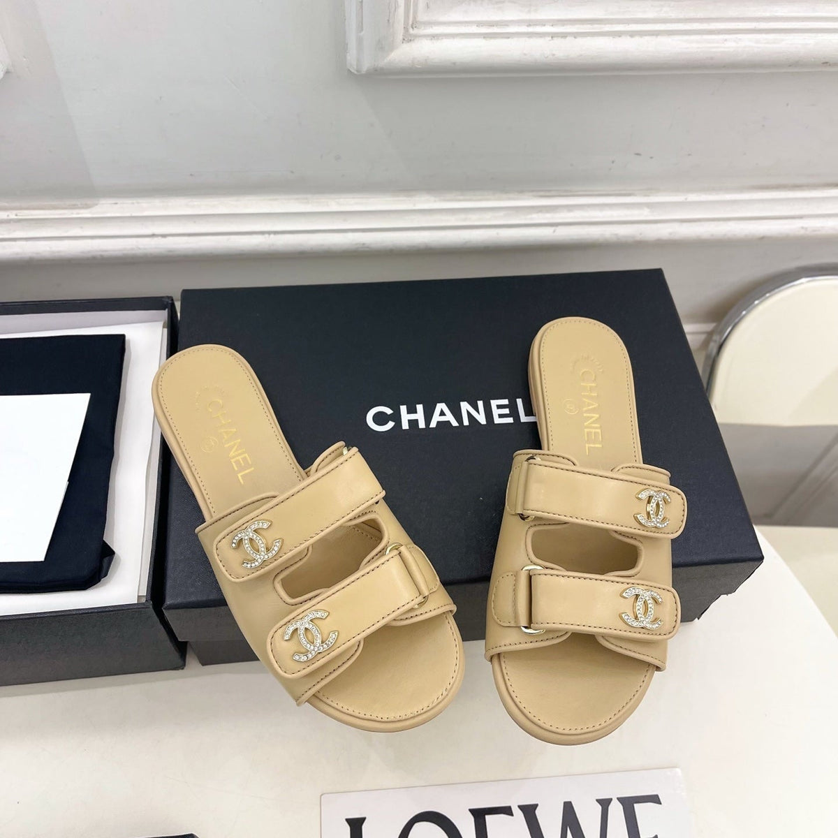 CC Crystal Double C Velcro Flat Mules Beige Lambskin 891667