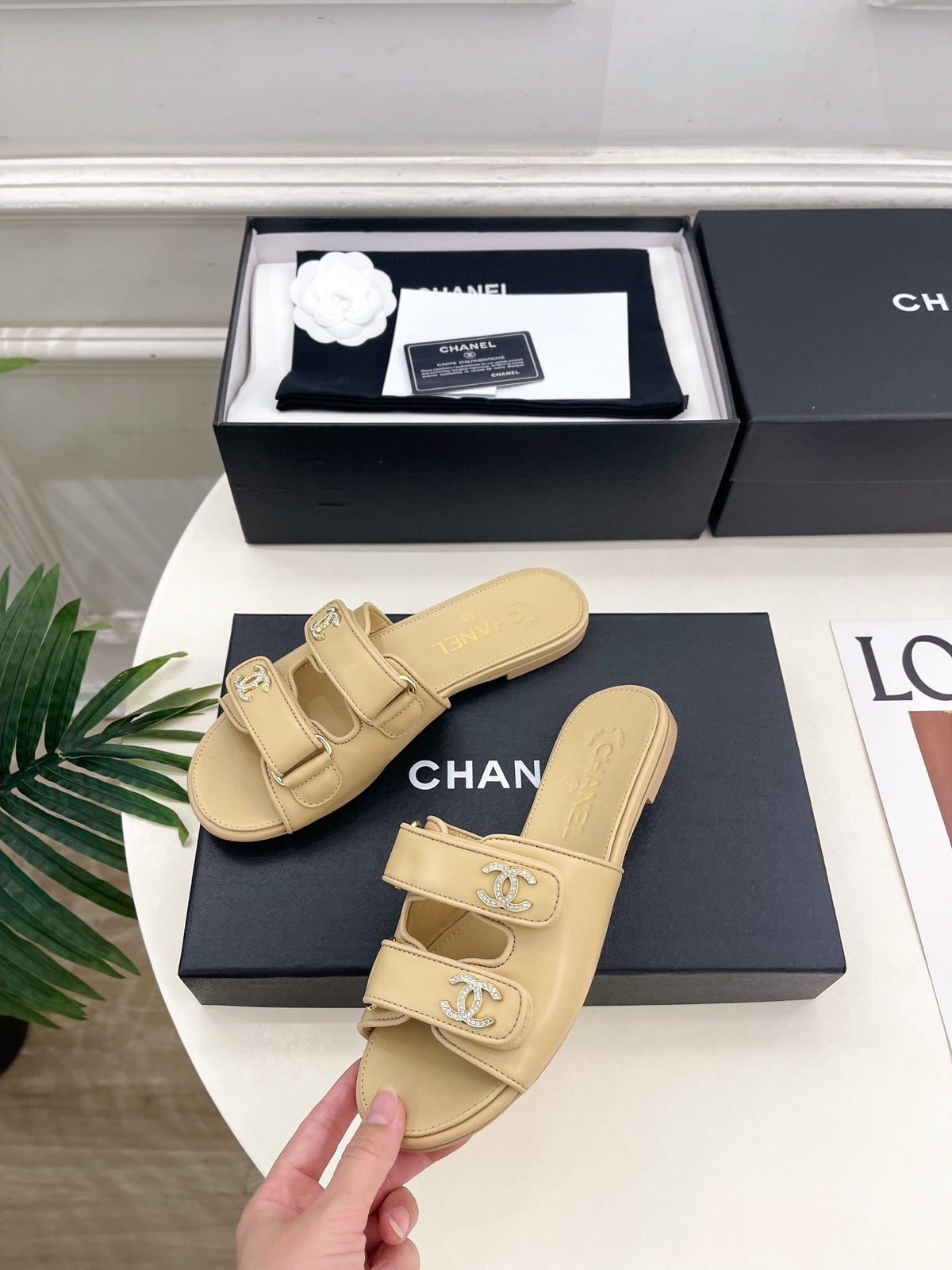 CC Crystal Double C Velcro Flat Mules Beige Lambskin 891667