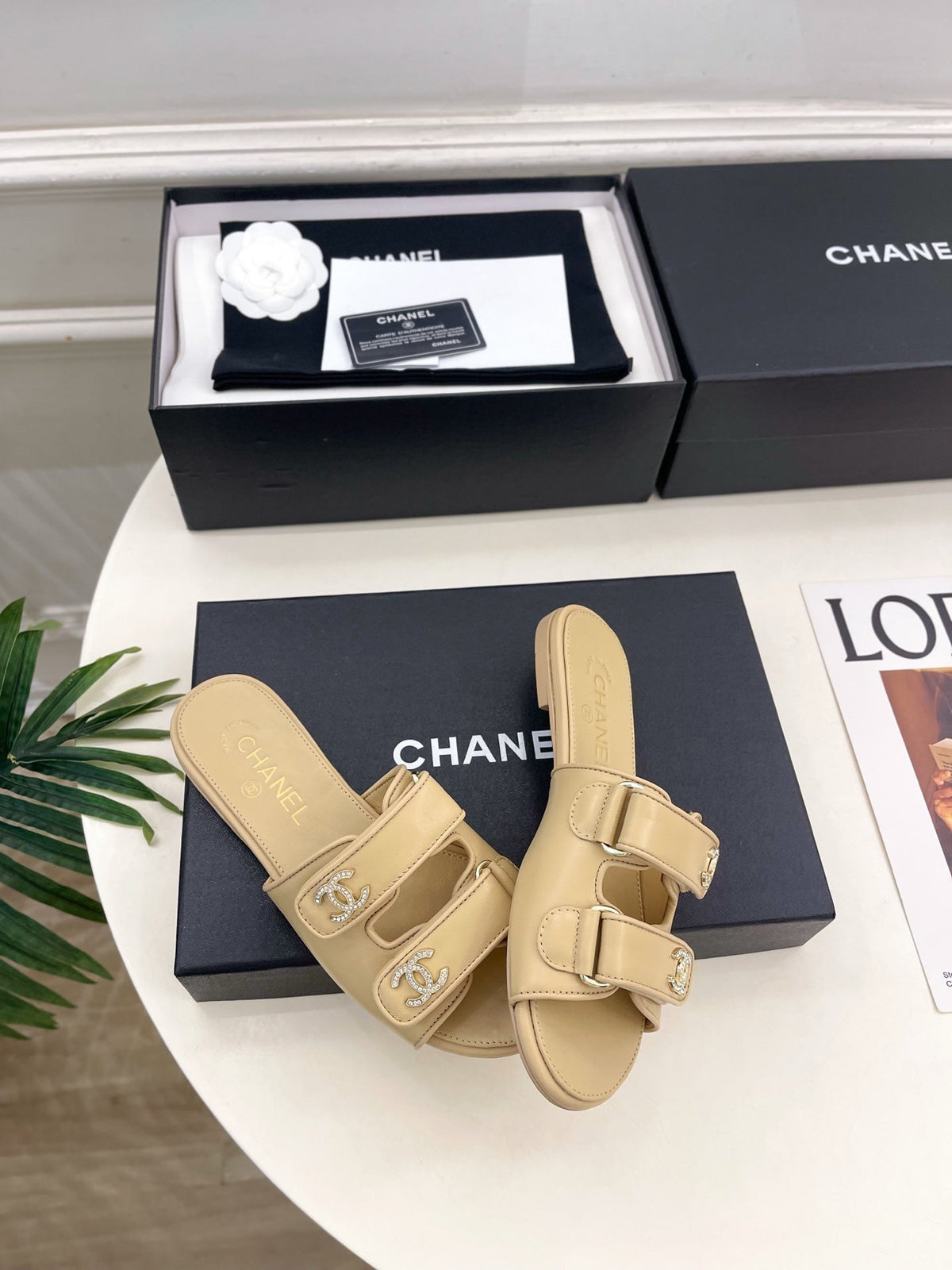 CC Crystal Double C Velcro Flat Mules Beige Lambskin 891667