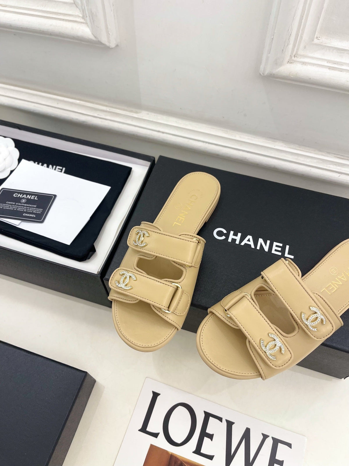 CC Crystal Double C Velcro Flat Mules Beige Lambskin 891667