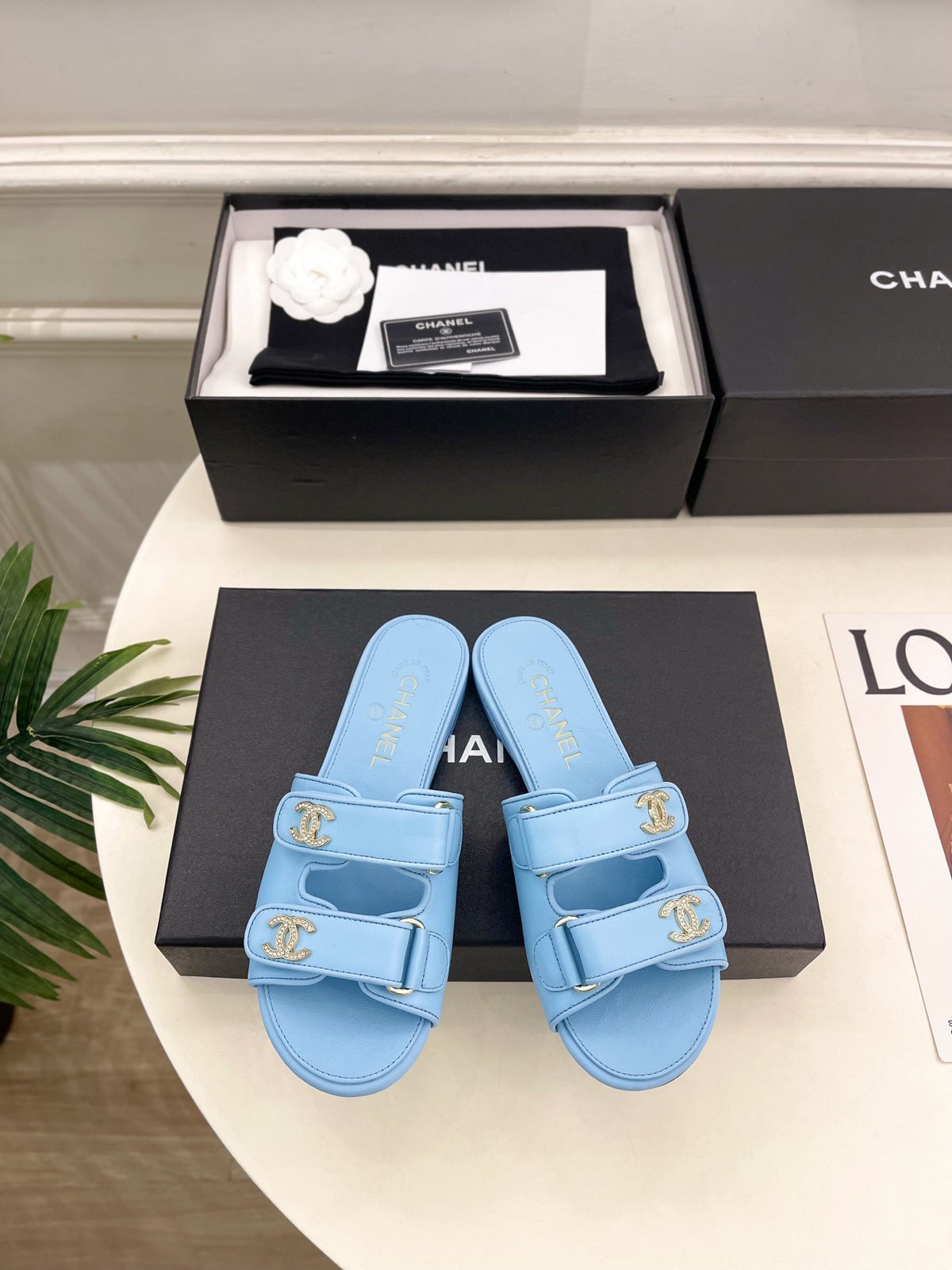 CC Crystal Double C Velcro Flat Mules Blue Lambskin 891666