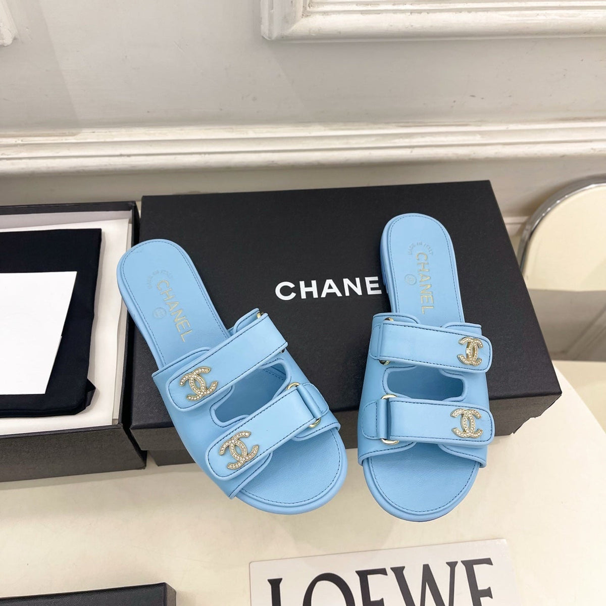 CC Crystal Double C Velcro Flat Mules Blue Lambskin 891666