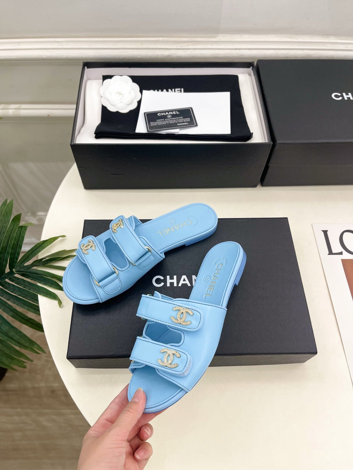 CC Crystal Double C Velcro Flat Mules Blue Lambskin 891666