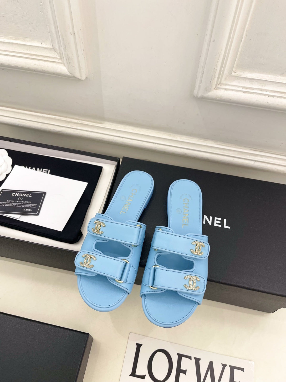 CC Crystal Double C Velcro Flat Mules Blue Lambskin 891666
