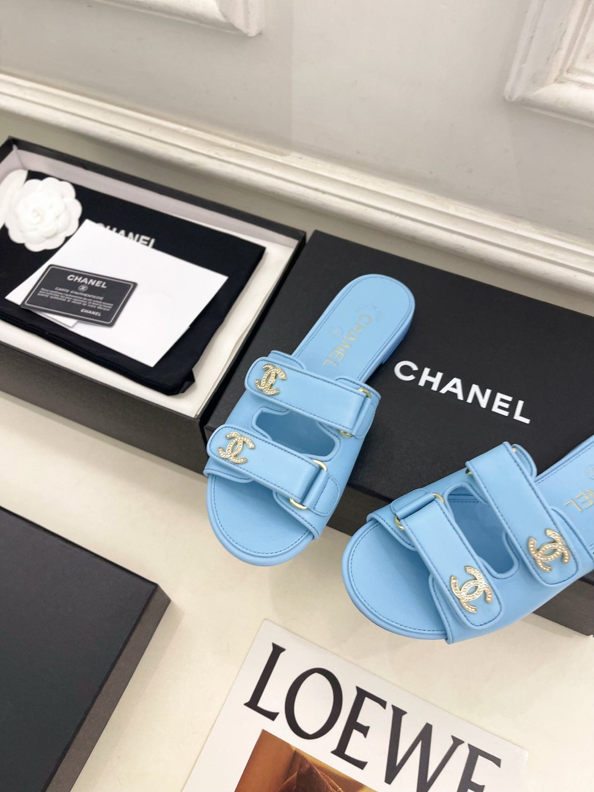 CC Crystal Double C Velcro Flat Mules Blue Lambskin 891666