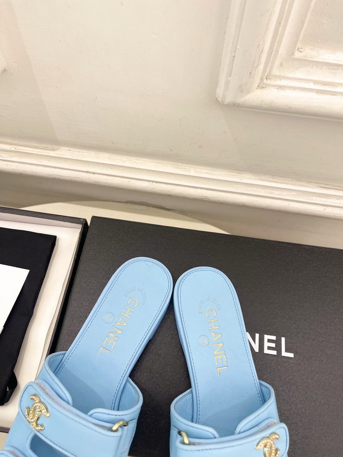 CC Crystal Double C Velcro Flat Mules Blue Lambskin 891666