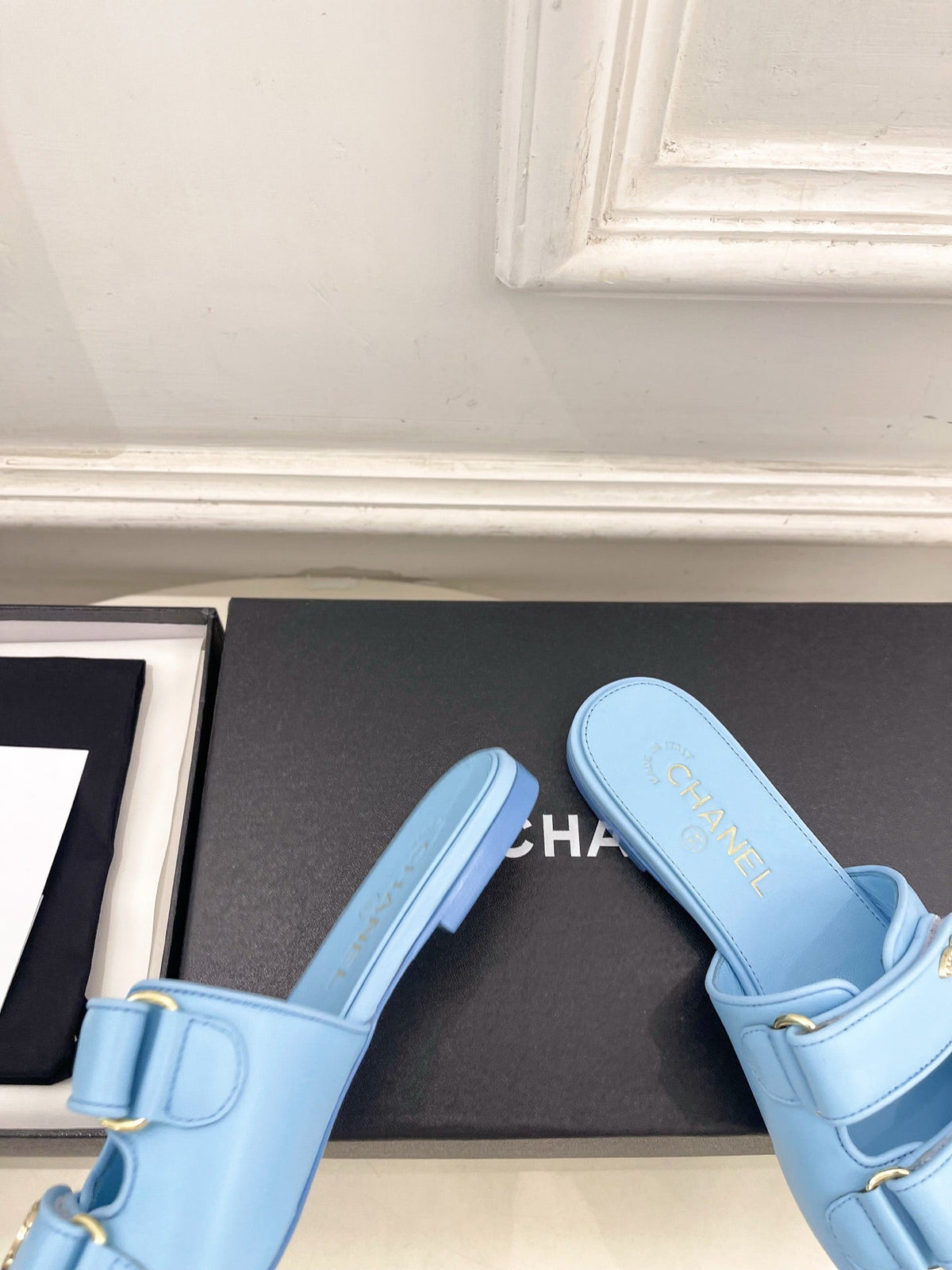 CC Crystal Double C Velcro Flat Mules Blue Lambskin 891666