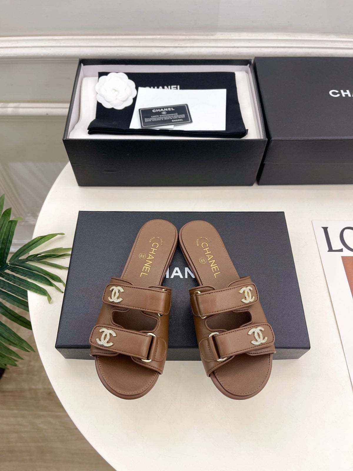 CC Crystal Double C Velcro Flat Mules Brown Lambskin 891665
