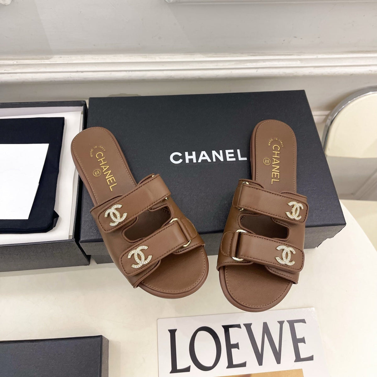 CC Crystal Double C Velcro Flat Mules Brown Lambskin 891665
