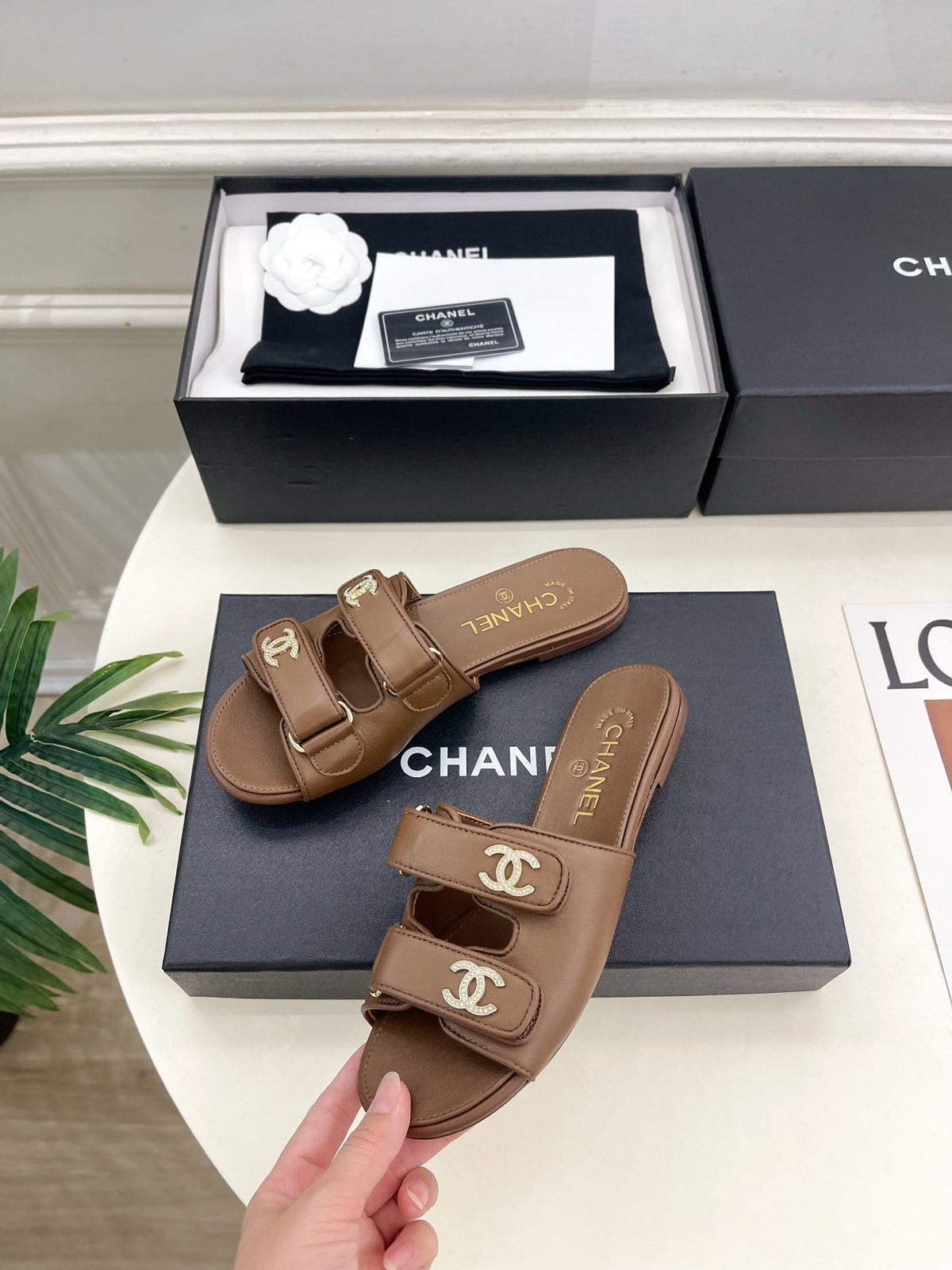 CC Crystal Double C Velcro Flat Mules Brown Lambskin 891665