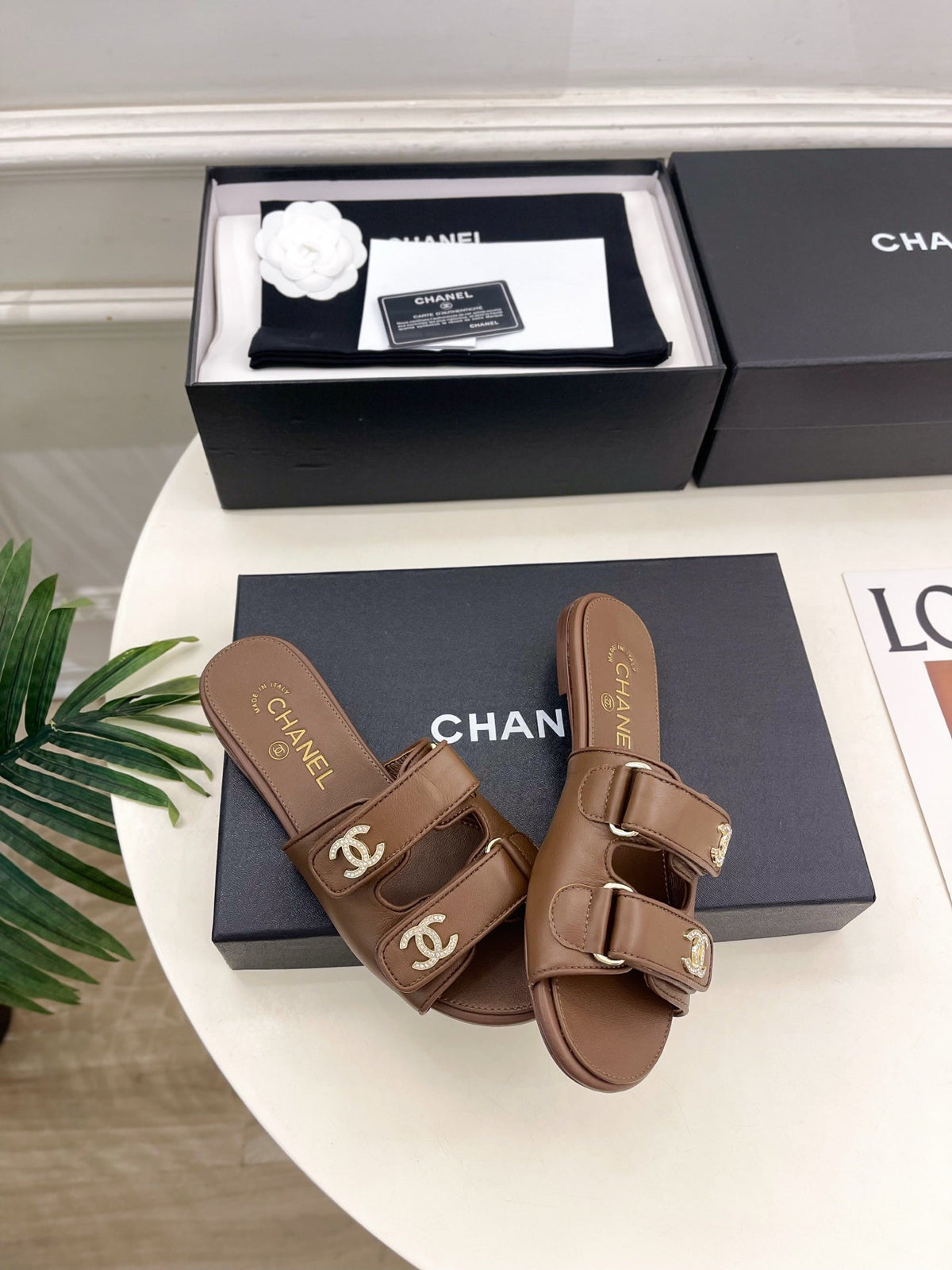 CC Crystal Double C Velcro Flat Mules Brown Lambskin 891665