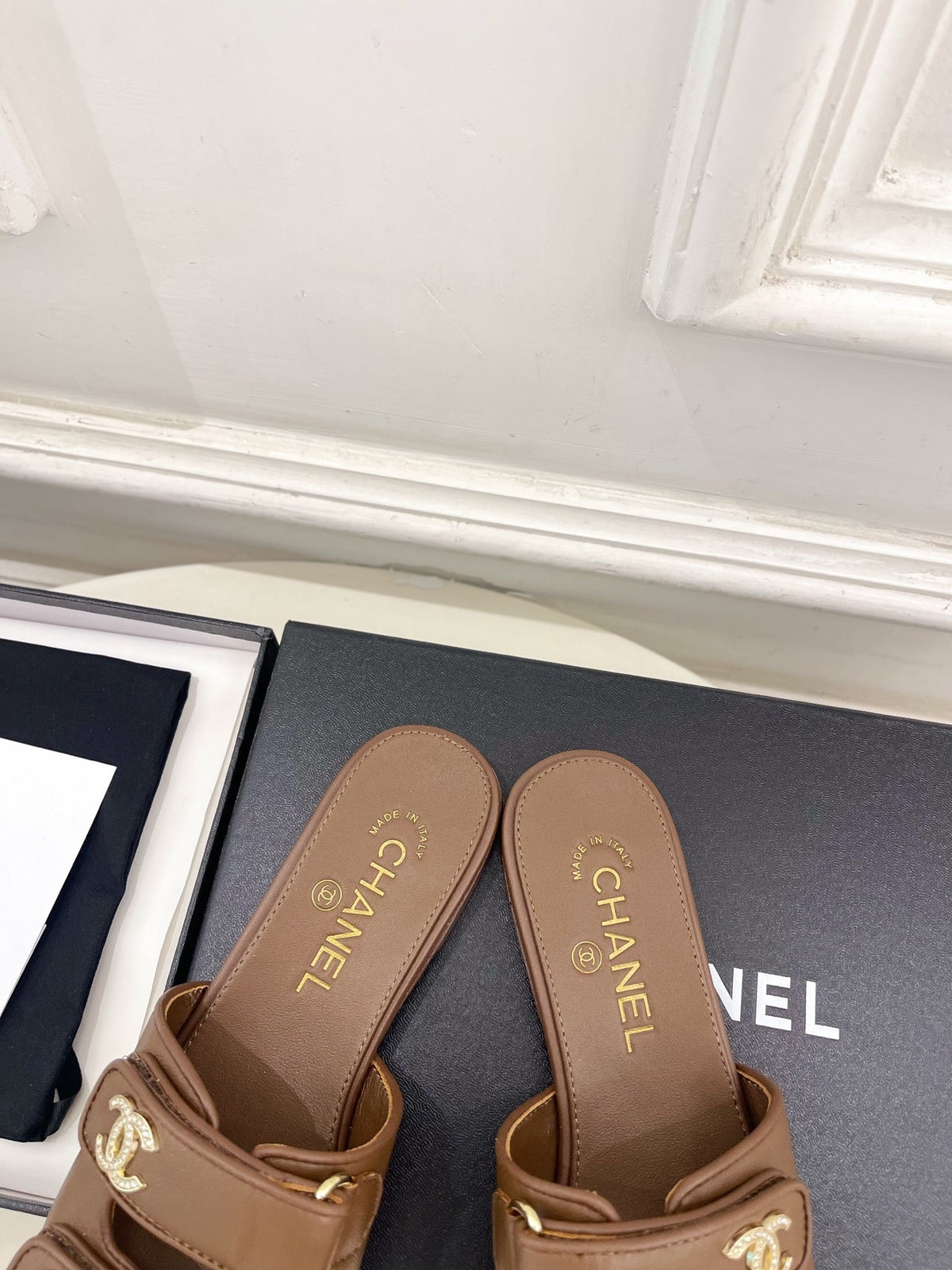 CC Crystal Double C Velcro Flat Mules Brown Lambskin 891665