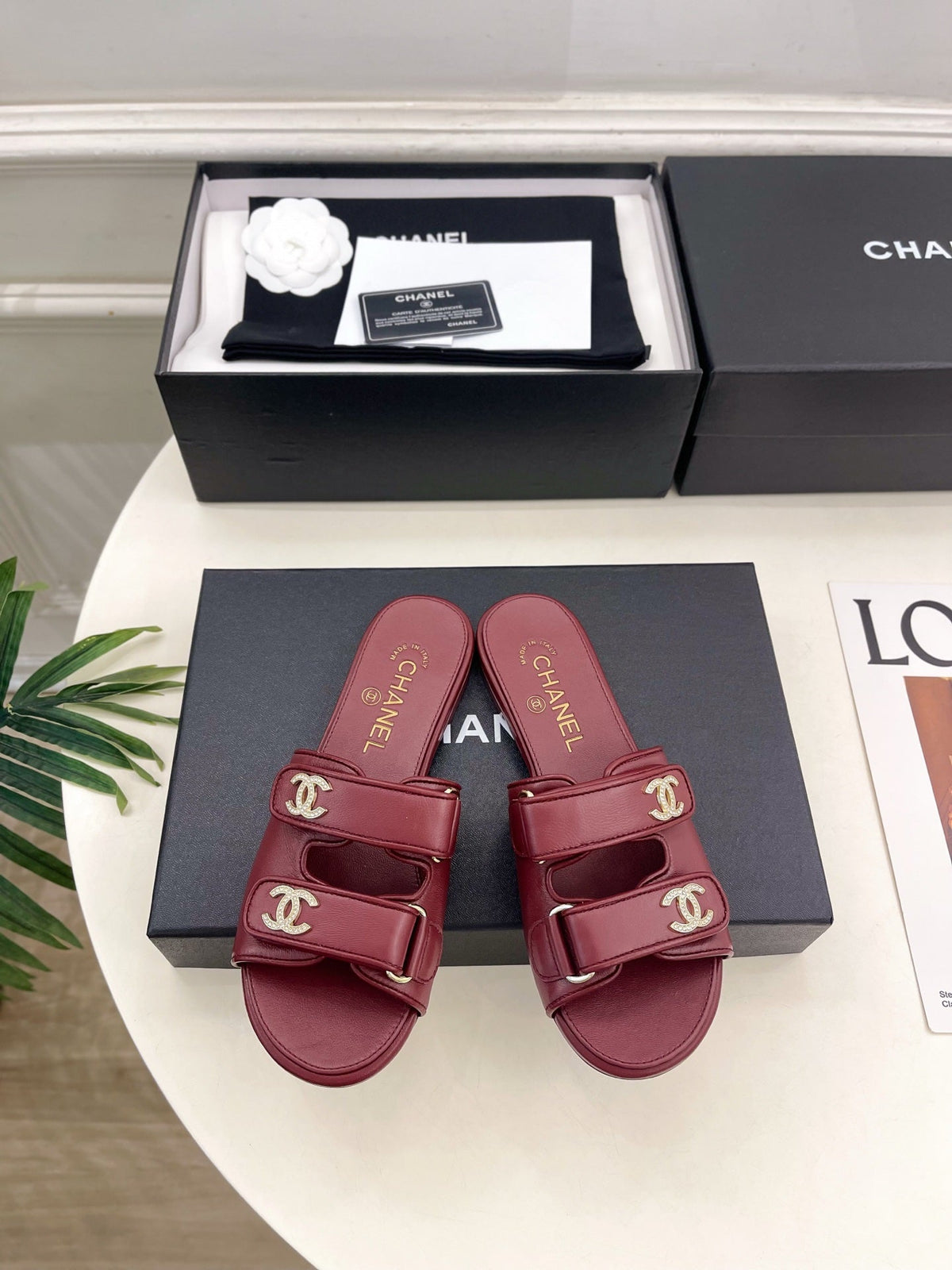 CC Crystal Double C Velcro Flat Mules Burgundy Lambskin 891664