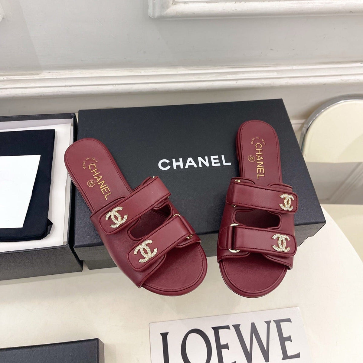 CC Crystal Double C Velcro Flat Mules Burgundy Lambskin 891664