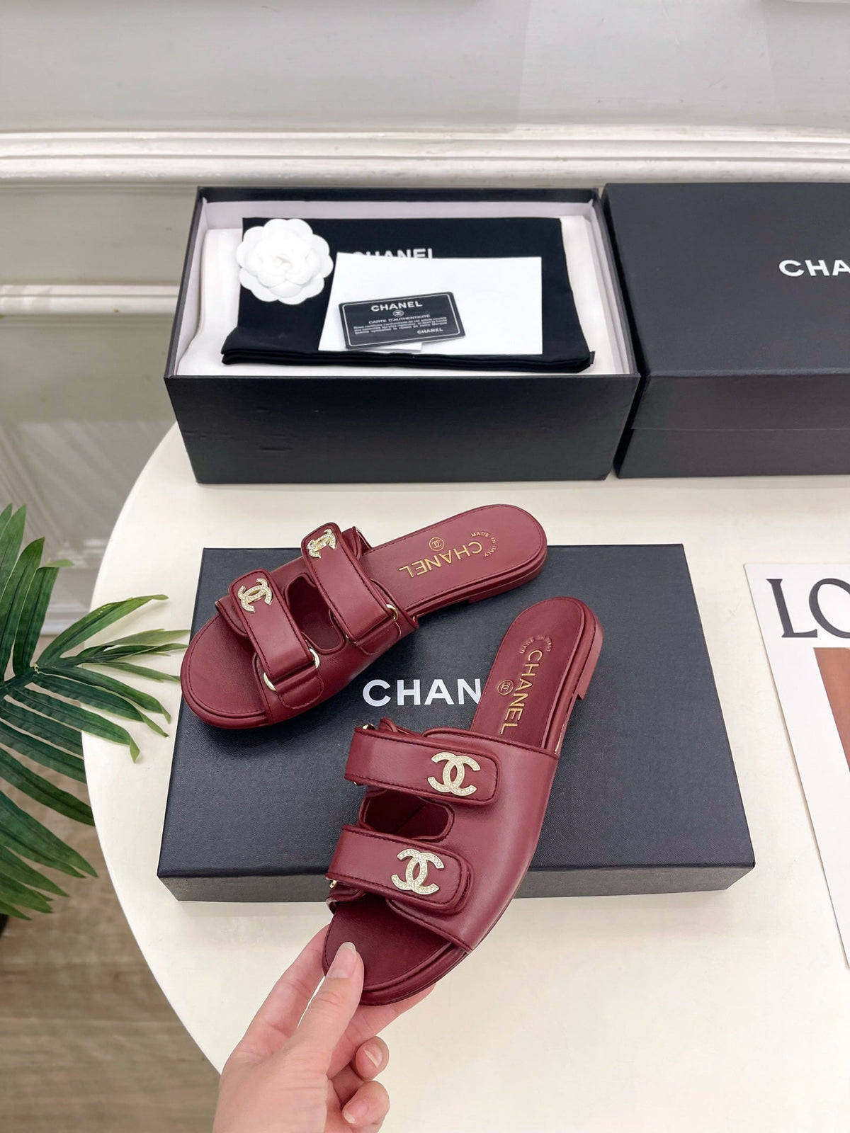 CC Crystal Double C Velcro Flat Mules Burgundy Lambskin 891664