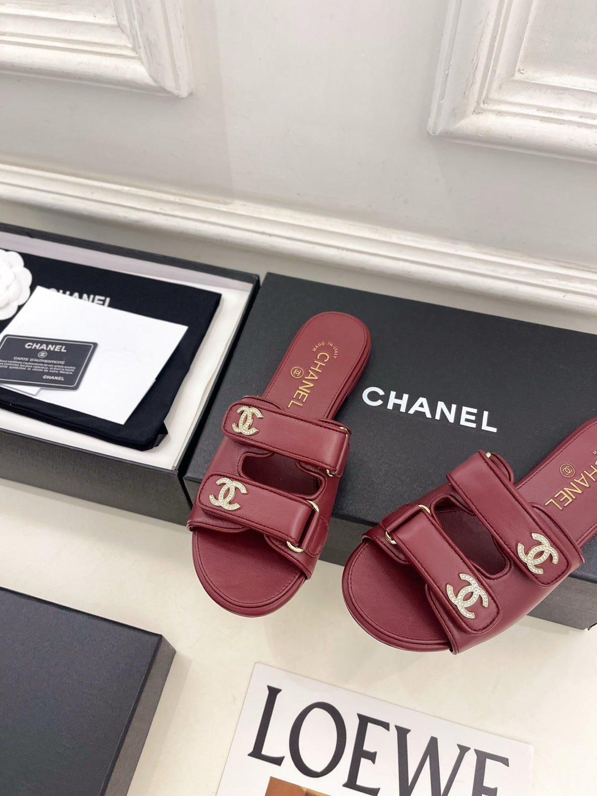 CC Crystal Double C Velcro Flat Mules Burgundy Lambskin 891664