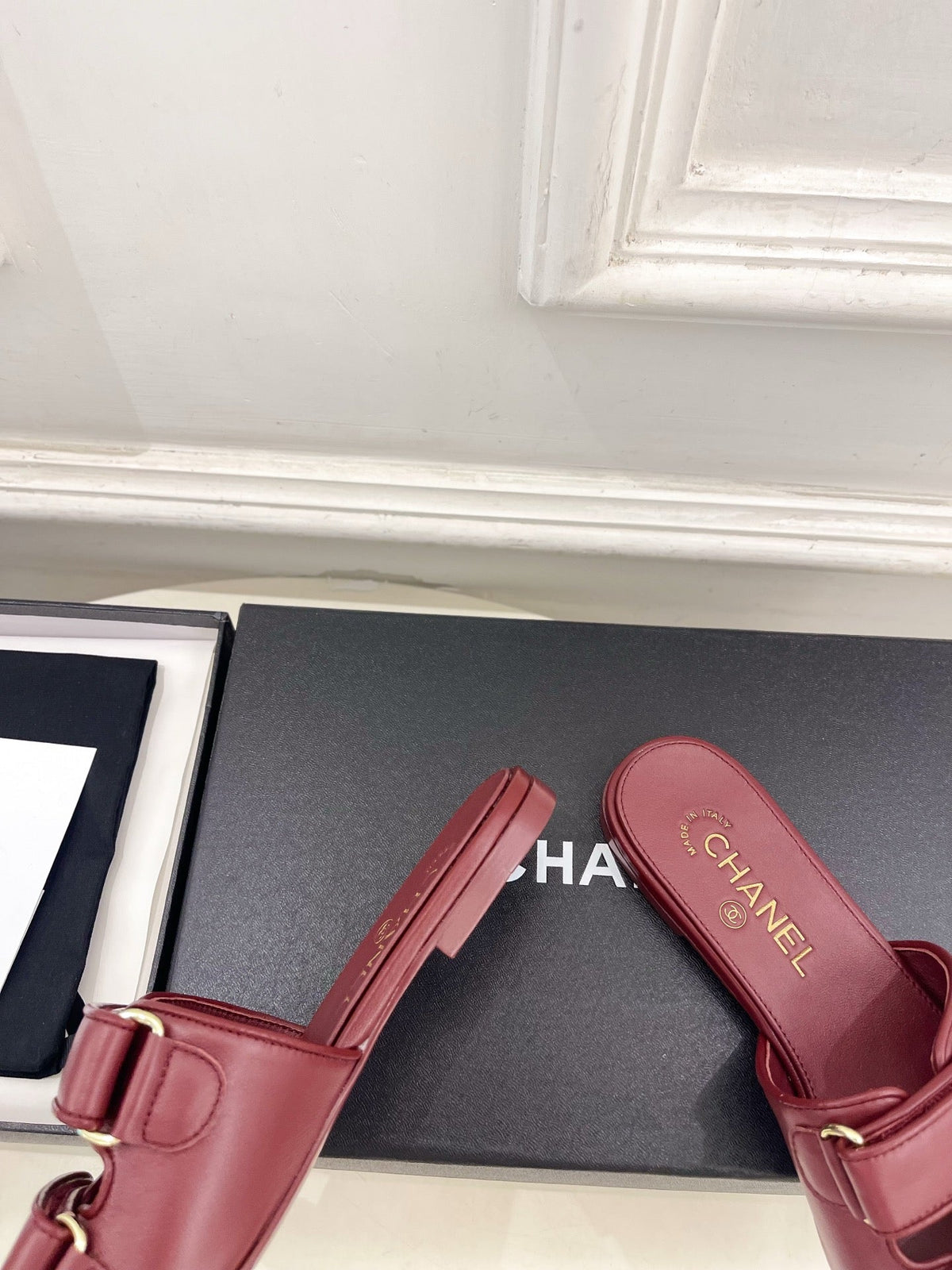 CC Crystal Double C Velcro Flat Mules Burgundy Lambskin 891664