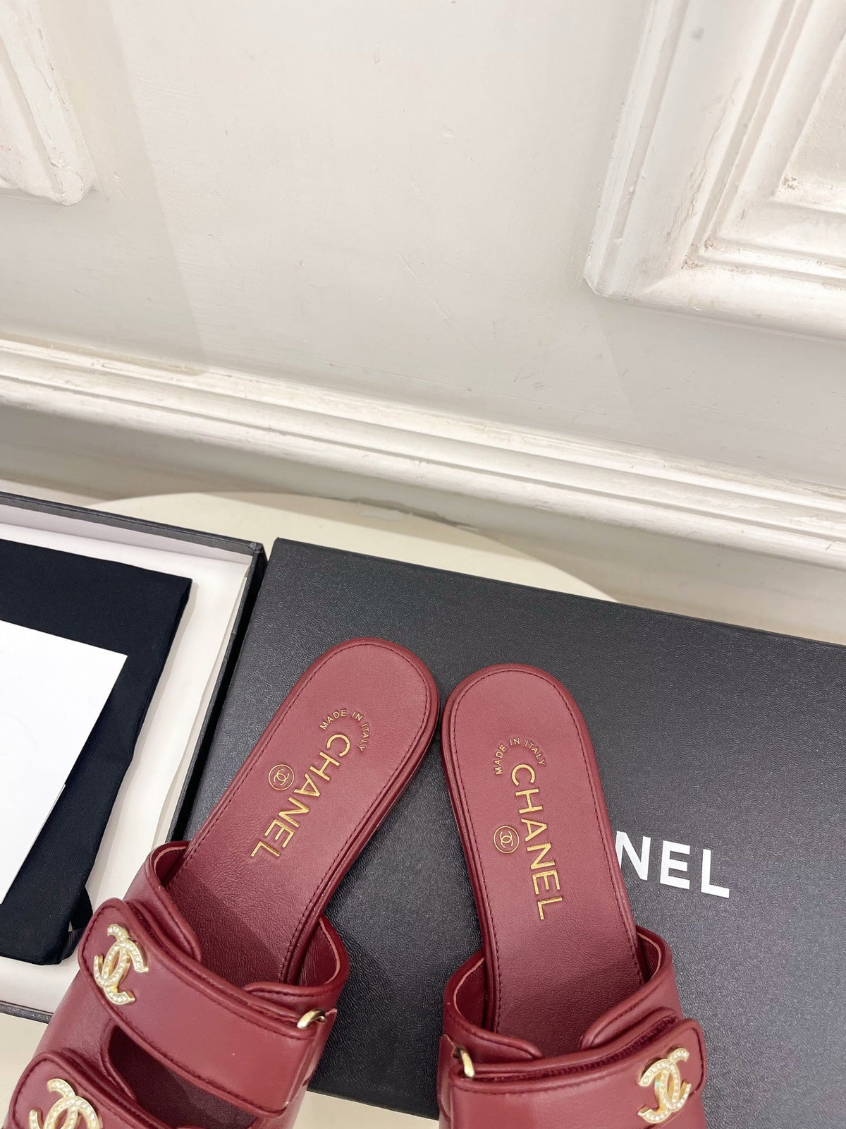 CC Crystal Double C Velcro Flat Mules Burgundy Lambskin 891664