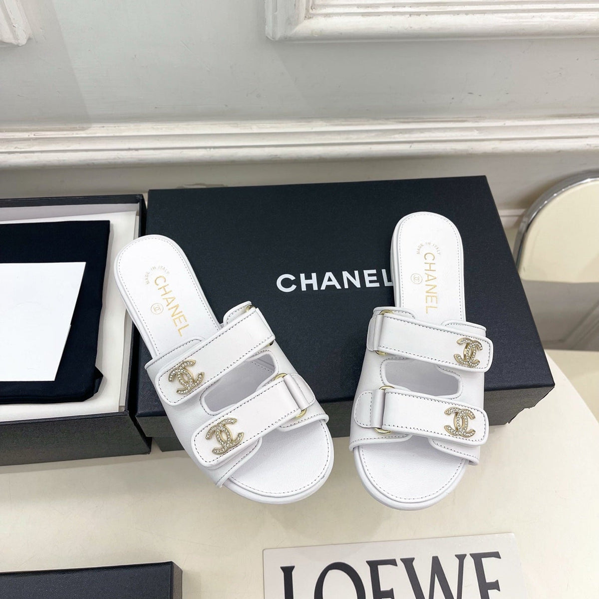 CC Crystal Double C Velcro Flat Mules White Lambskin 891663