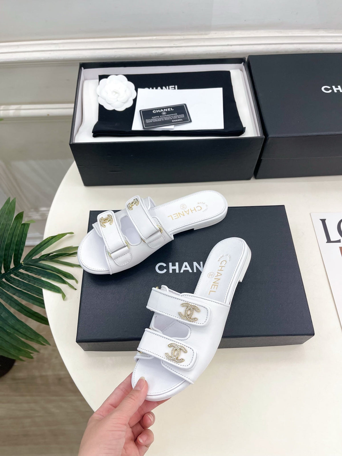 CC Crystal Double C Velcro Flat Mules White Lambskin 891663