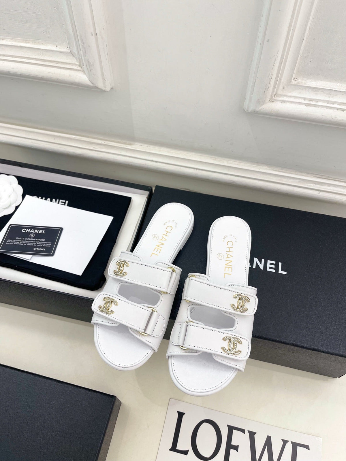 CC Crystal Double C Velcro Flat Mules White Lambskin 891663