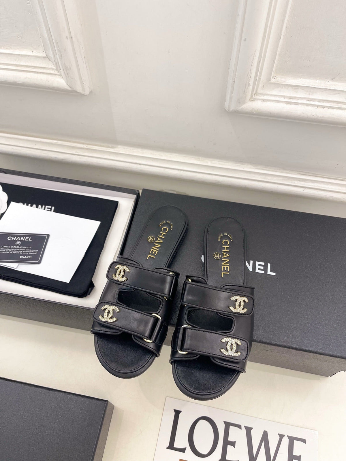 CC Crystal Double C Velcro Flat Mules Black Lambskin 891662