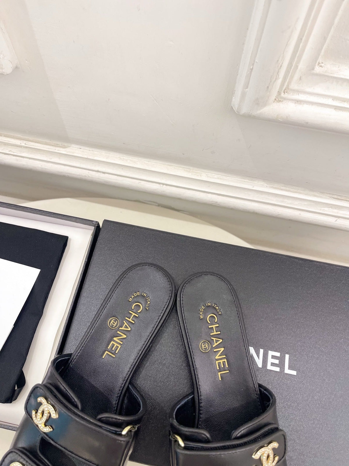 CC Crystal Double C Velcro Flat Mules Black Lambskin 891662
