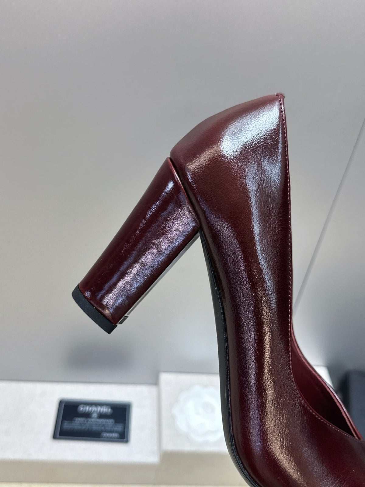 CC Square Toe Block Heel Pumps 90mm Burgundy Patent Leather 896862