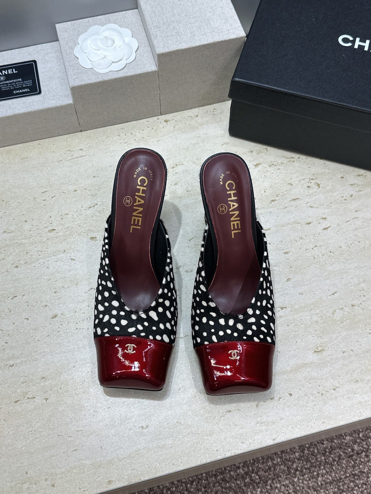 CC Cap Toe Mules 90mm Leopard Black Burgundy Pony Hair & Patent Leather 896858