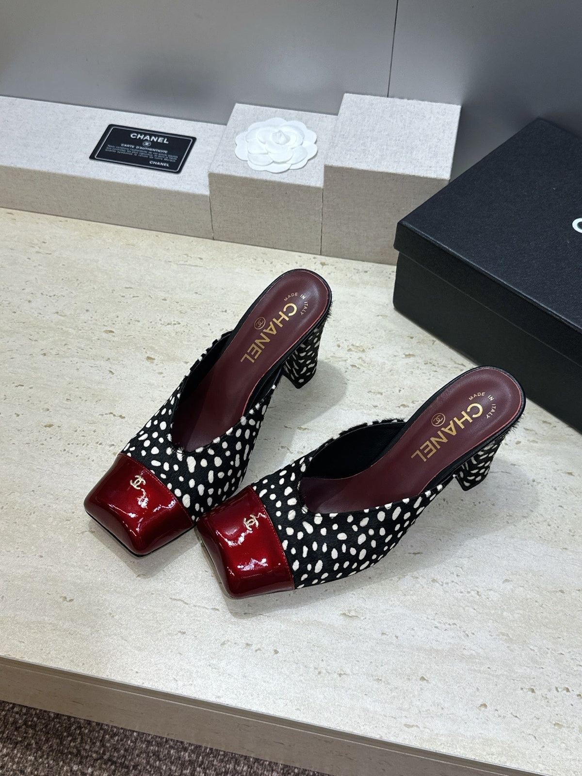 CC Cap Toe Mules 90mm Leopard Black Burgundy Pony Hair & Patent Leather 896858