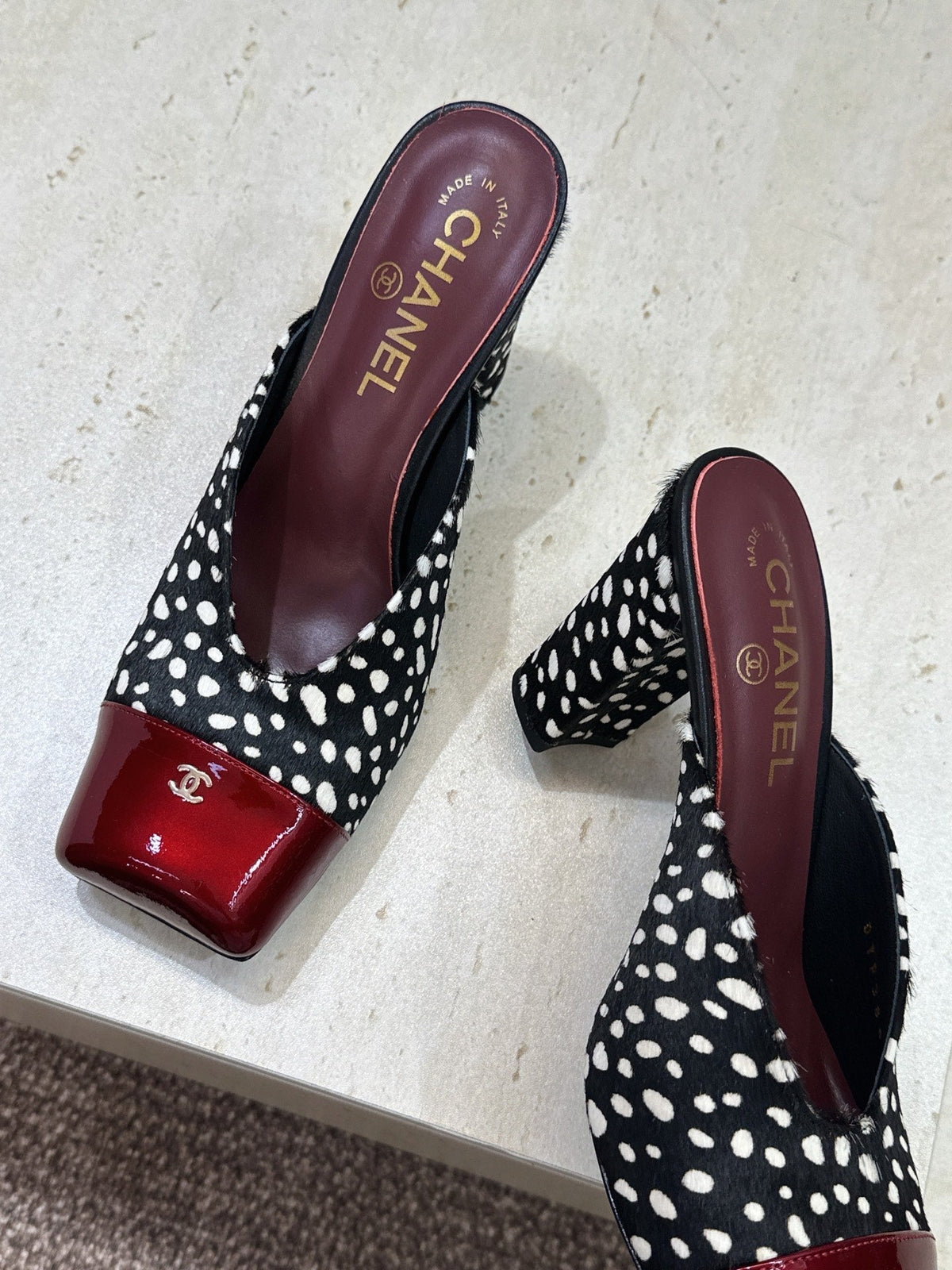 CC Cap Toe Mules 90mm Leopard Black Burgundy Pony Hair & Patent Leather 896858