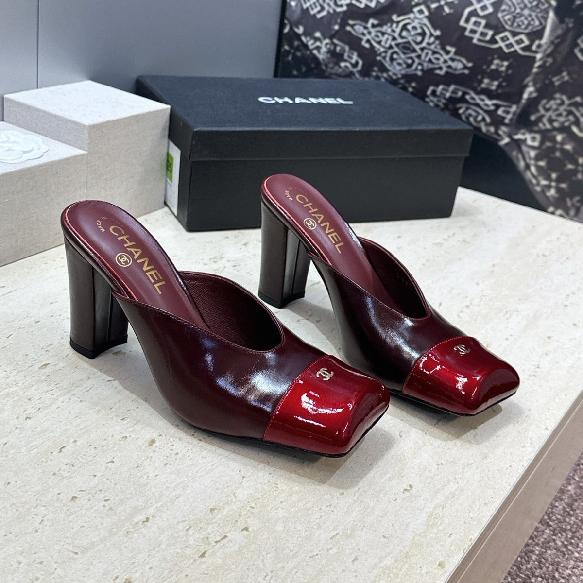 CC Cap Toe Mules 90mm Burgundy Patent Leather 896856
