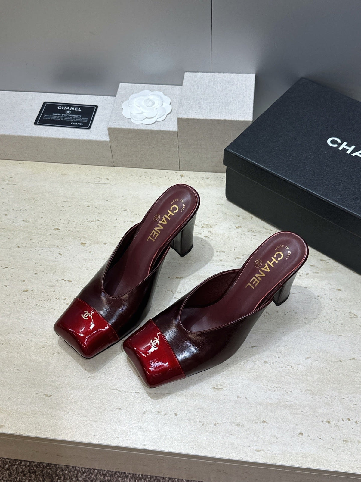CC Cap Toe Mules 90mm Burgundy Patent Leather 896856