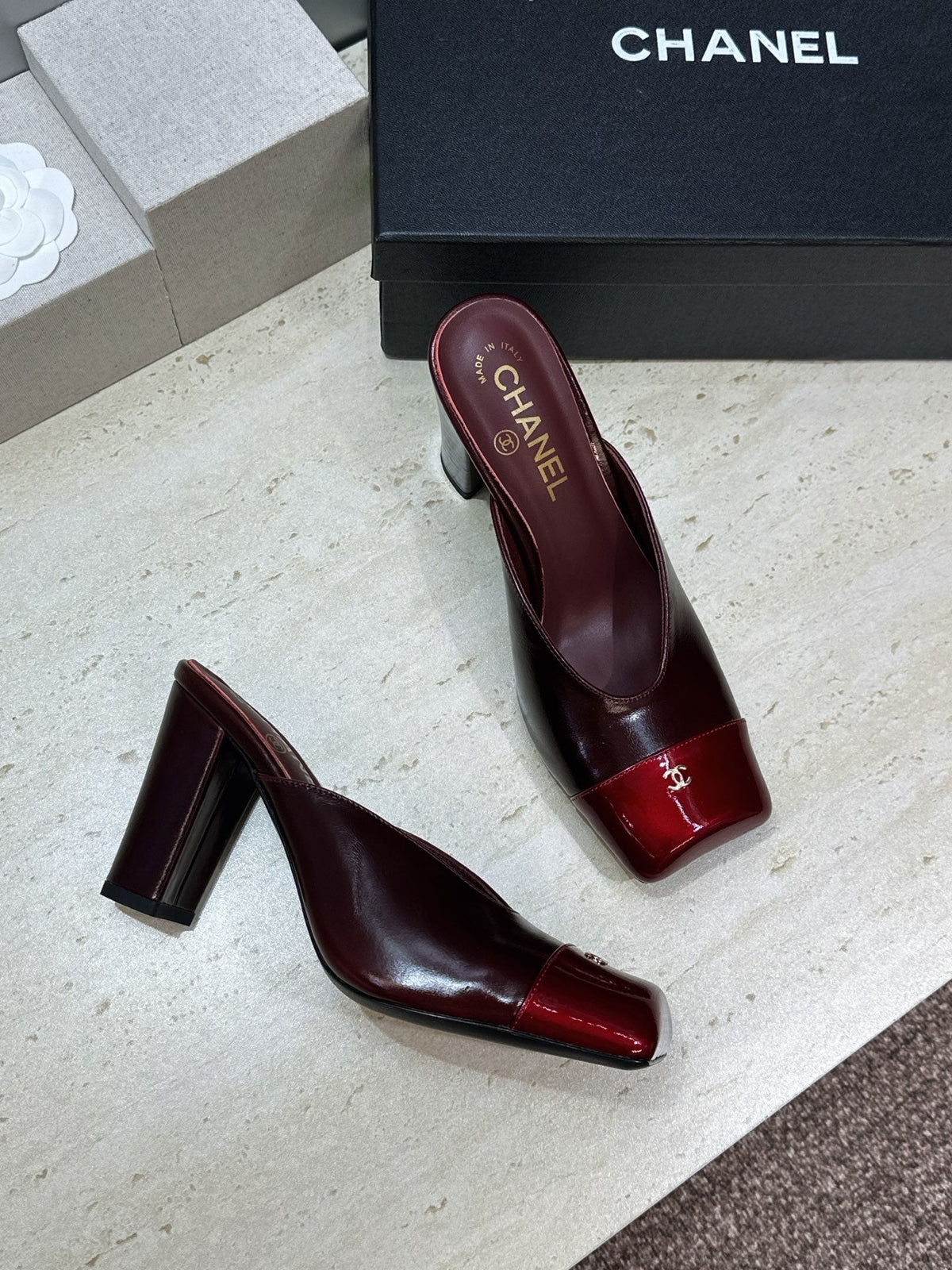 CC Cap Toe Mules 90mm Burgundy Patent Leather 896856