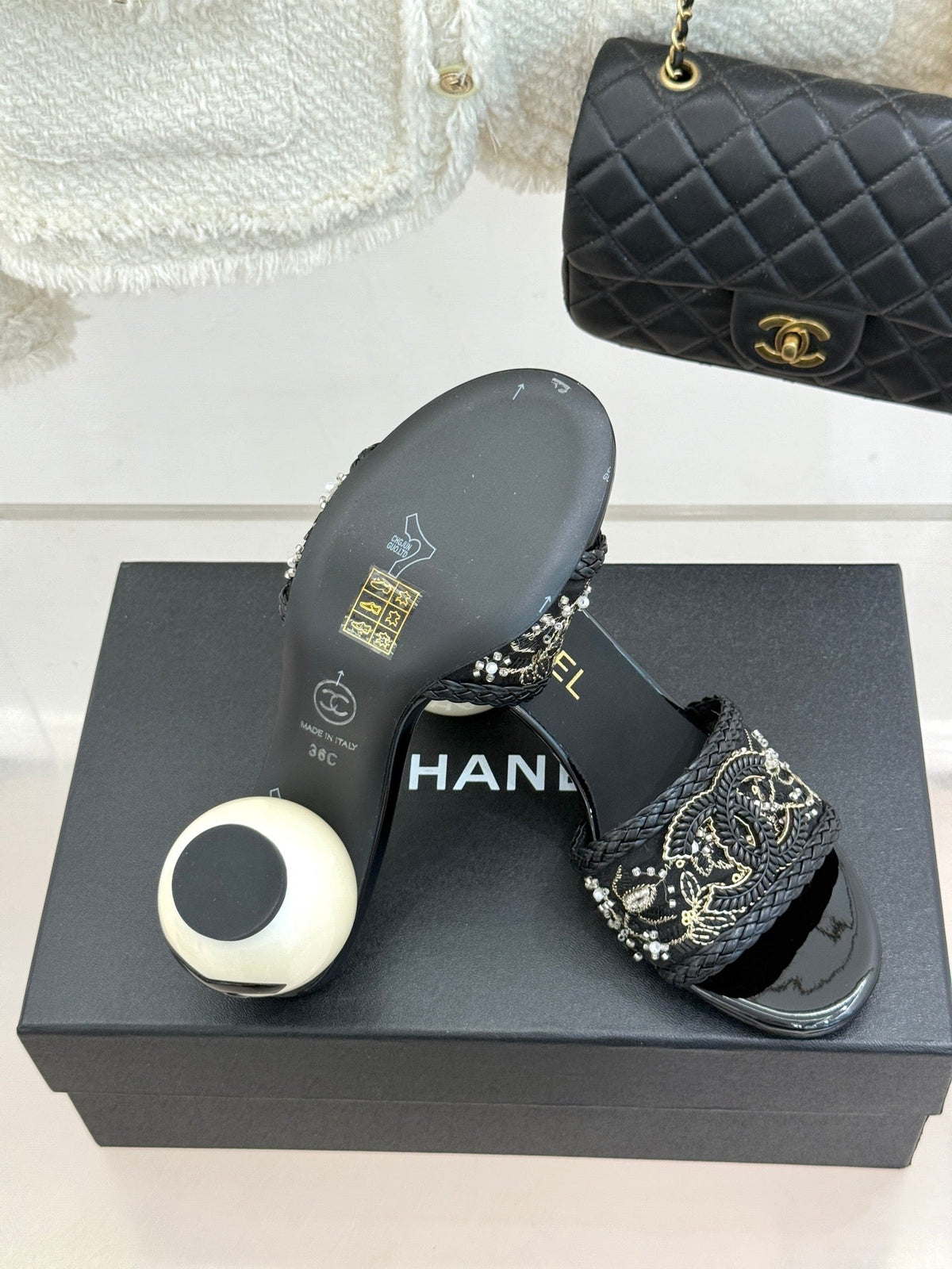CC Pearl Heel Beaded Embroidered Mules Black Lambskin 904681