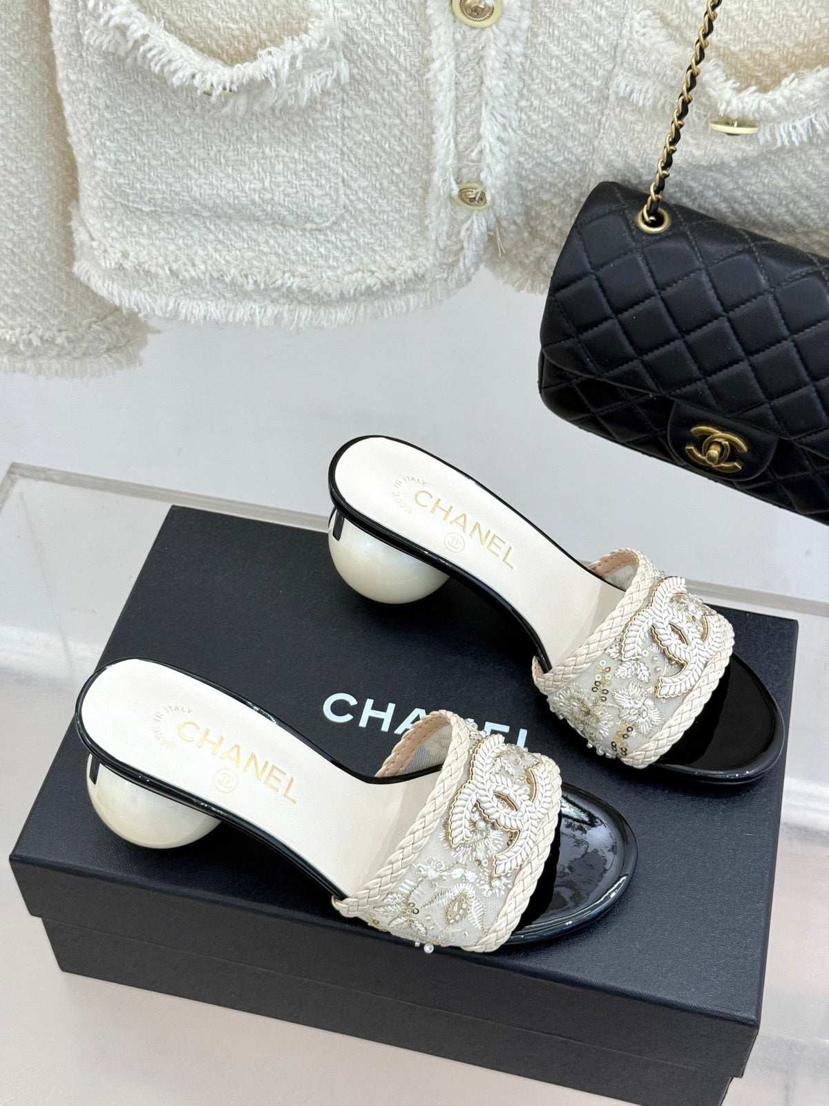 CC Pearl Heel Beaded Embroidered Mules White Lambskin 904679