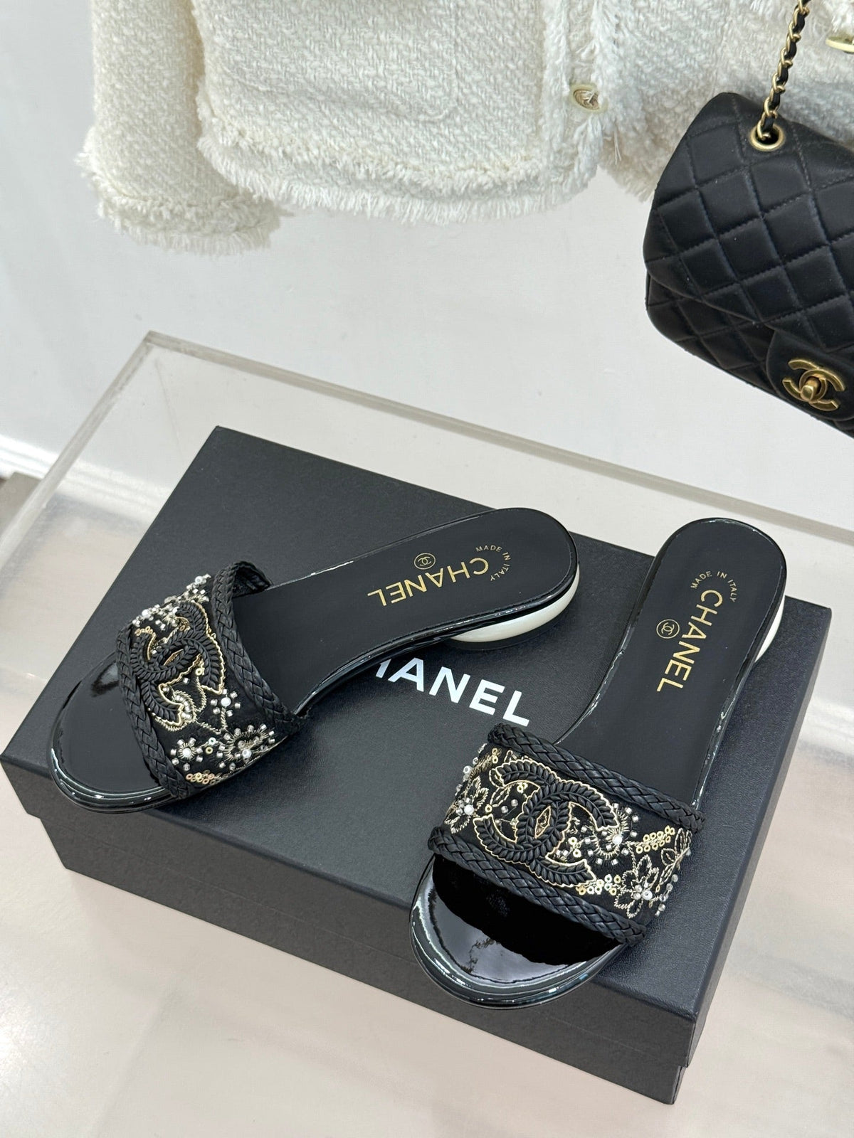 CC Pearl Heel Beaded Embroidered Slides Black Lambskin 904678