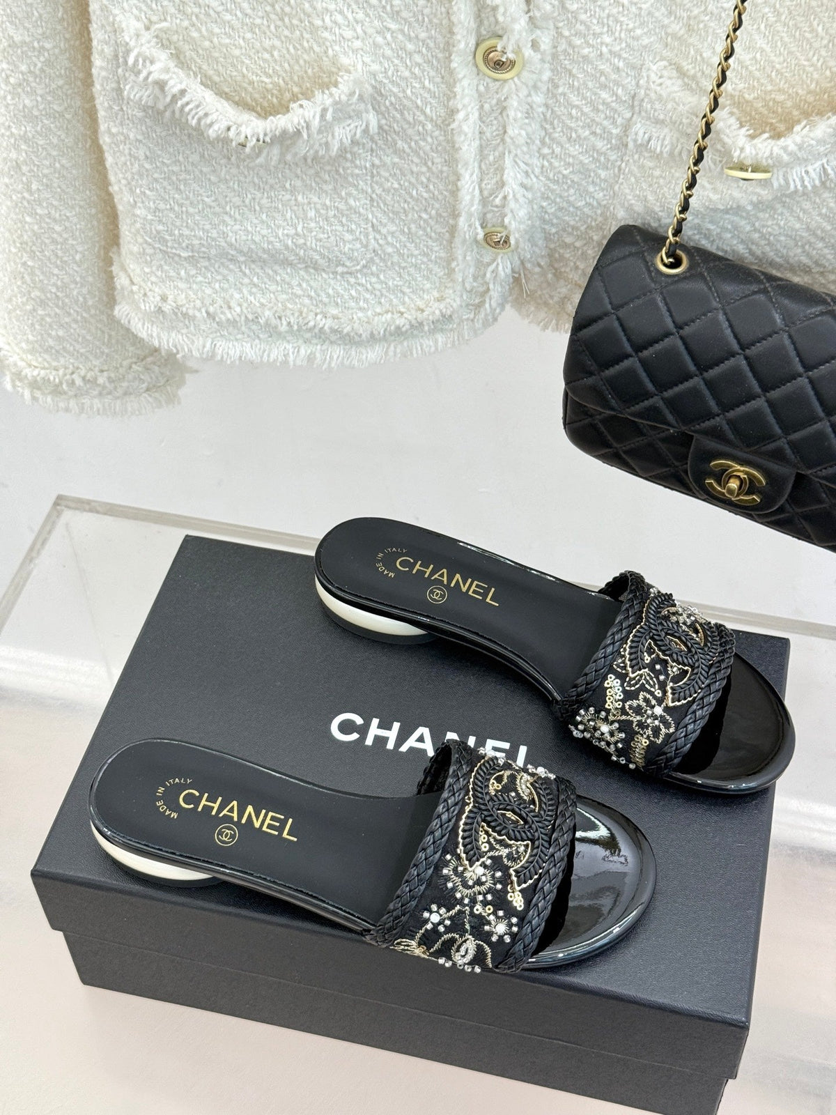 CC Pearl Heel Beaded Embroidered Slides Black Lambskin 904678