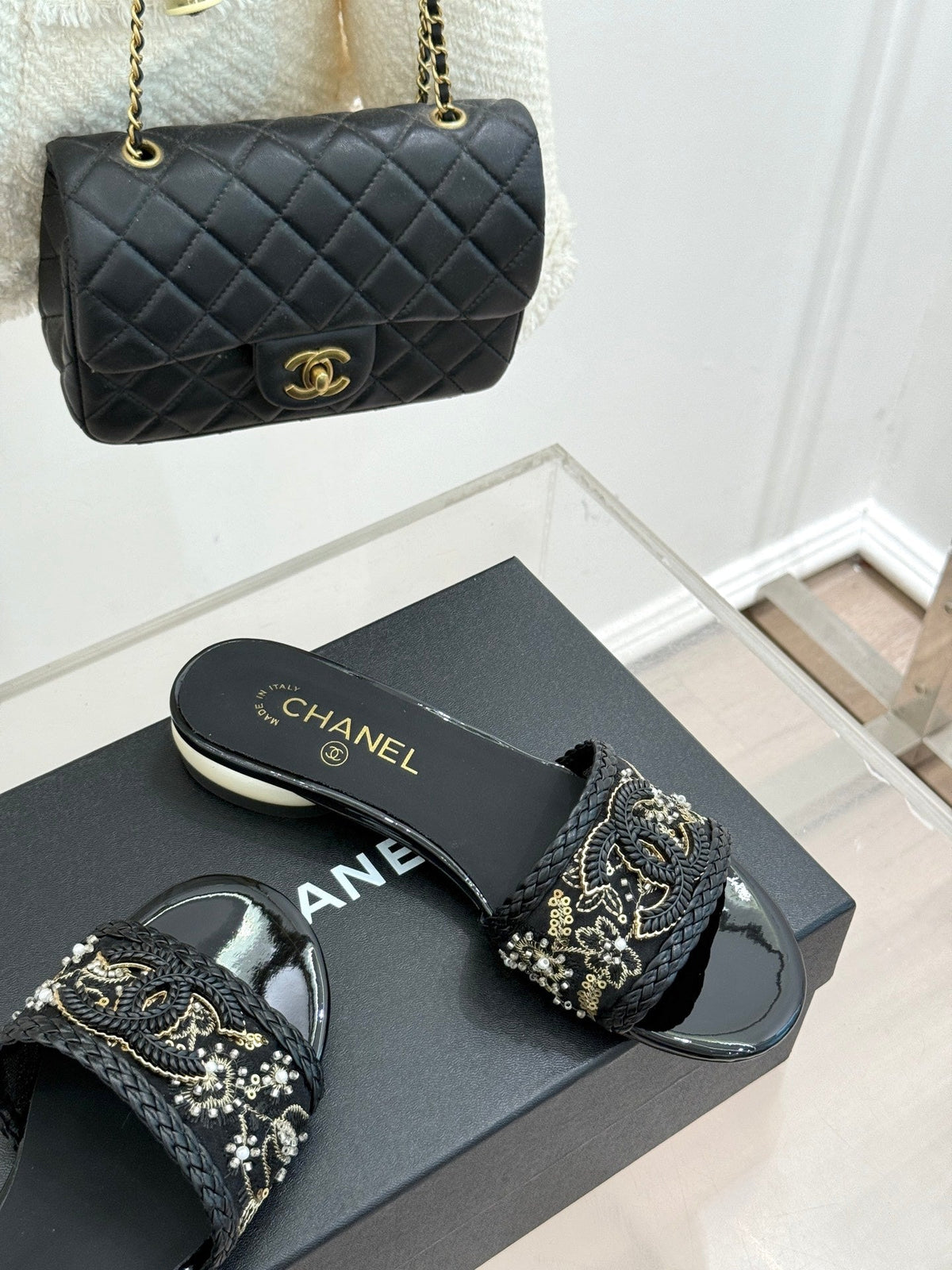 CC Pearl Heel Beaded Embroidered Slides Black Lambskin 904678