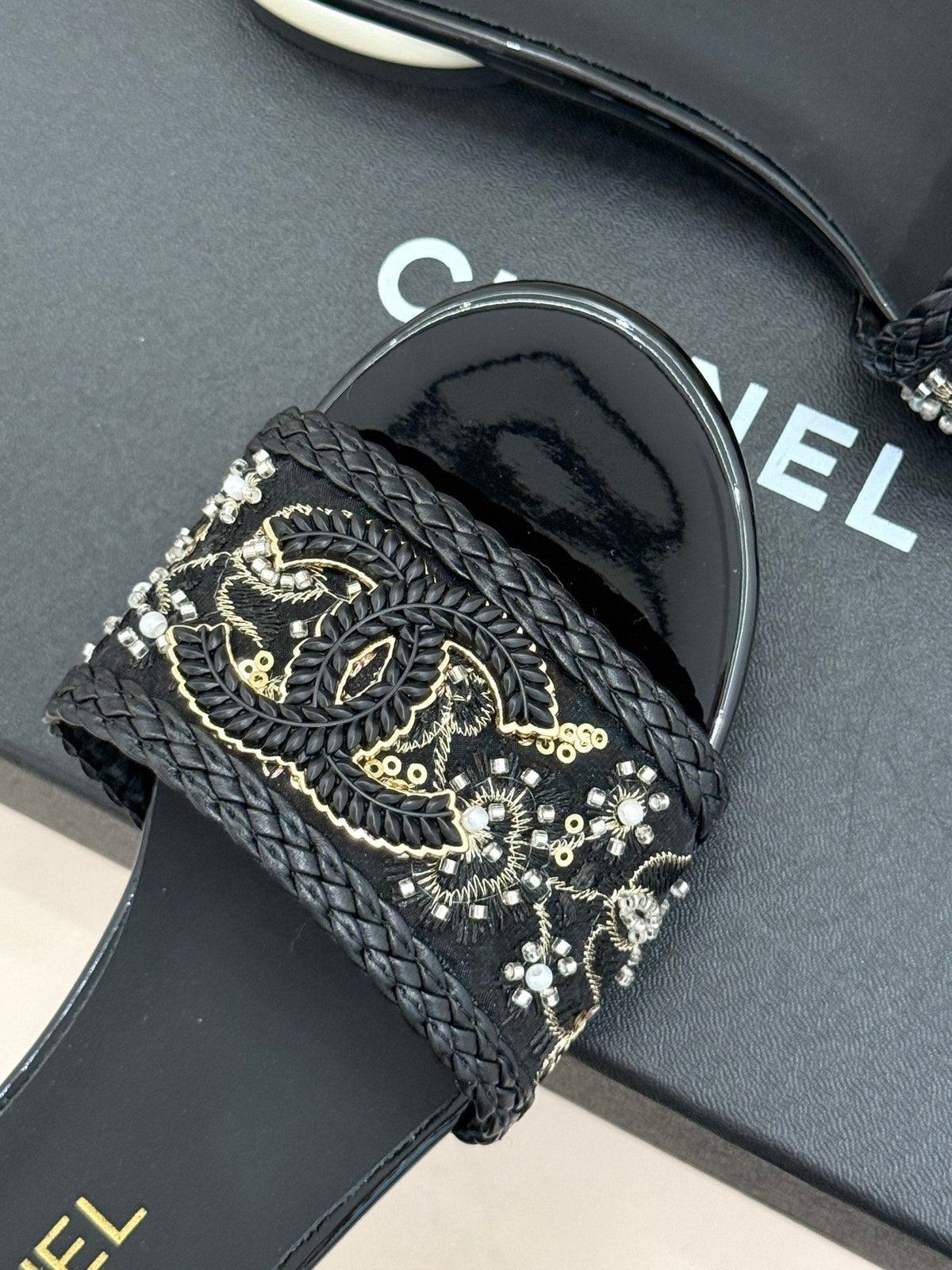 CC Pearl Heel Beaded Embroidered Slides Black Lambskin 904678