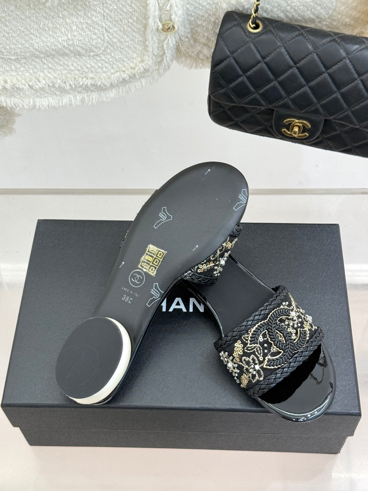 CC Pearl Heel Beaded Embroidered Slides Black Lambskin 904678