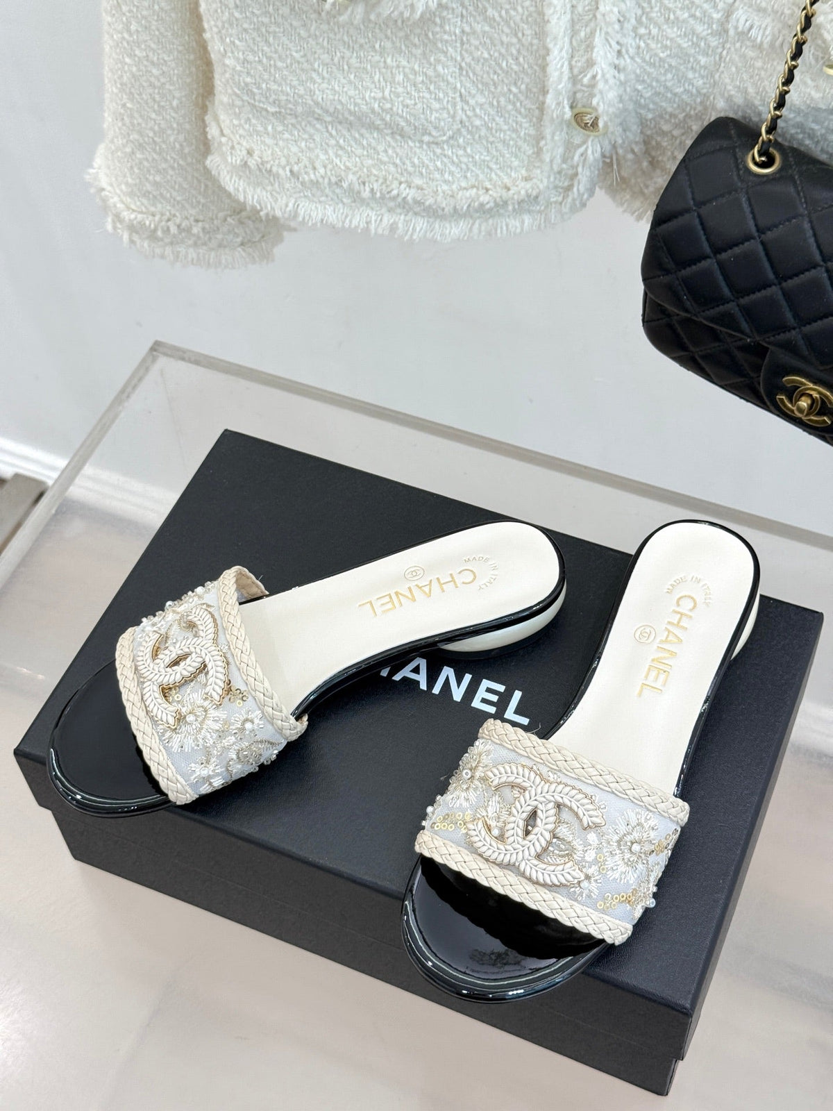 CC Pearl Heel Beaded Embroidered Slides White Lambskin 904677