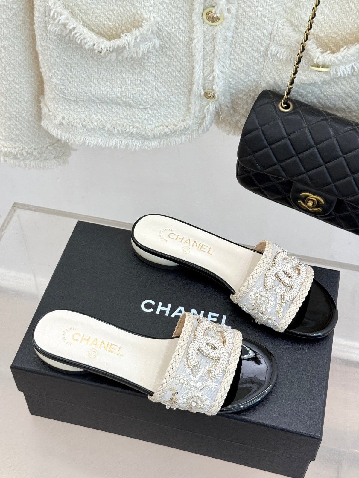 CC Pearl Heel Beaded Embroidered Slides White Lambskin 904677