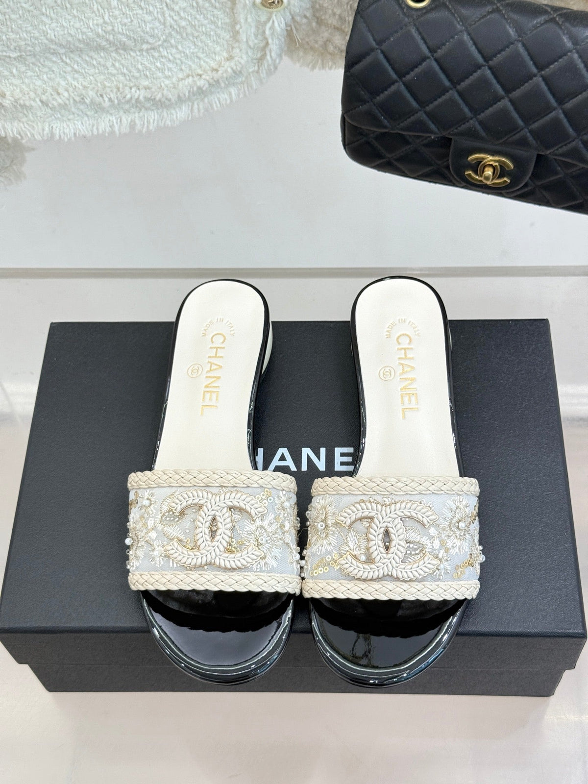 CC Pearl Heel Beaded Embroidered Slides White Lambskin 904677