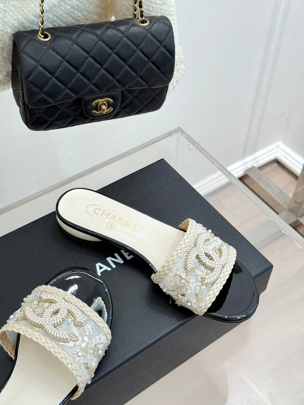 CC Pearl Heel Beaded Embroidered Slides White Lambskin 904677