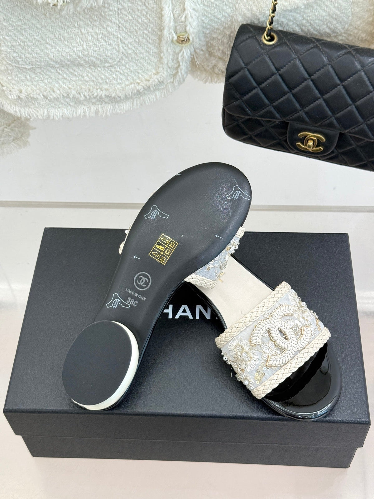 CC Pearl Heel Beaded Embroidered Slides White Lambskin 904677