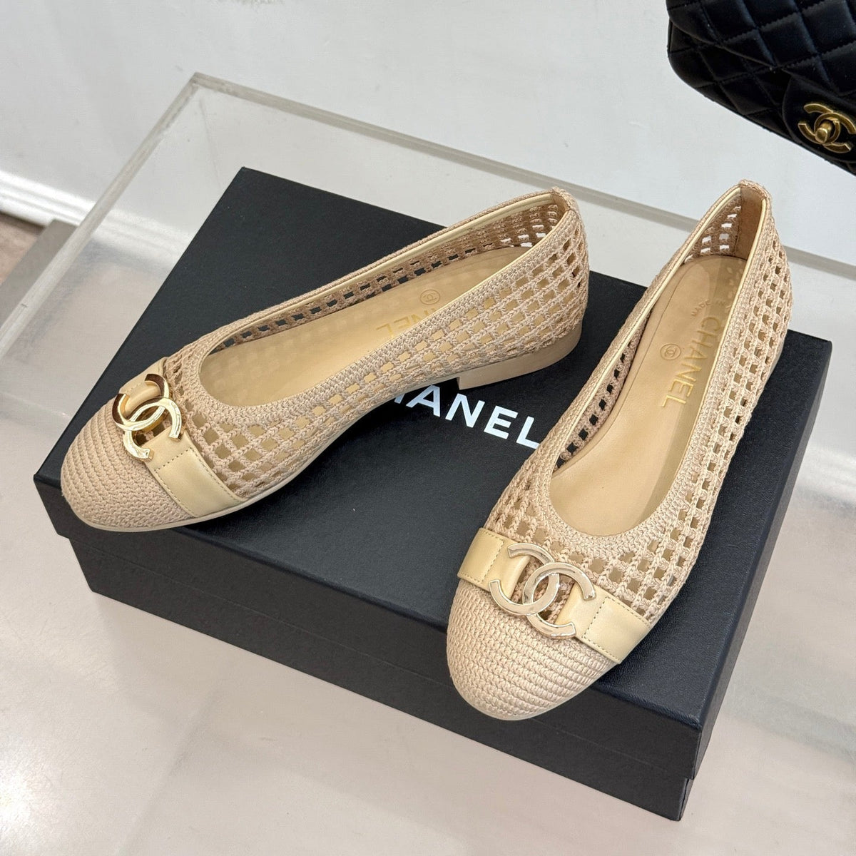 CC Mesh Woven Ballet Flats Beige Woven Fabric 904674