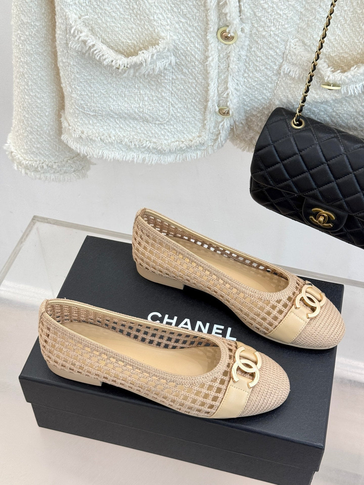 CC Mesh Woven Ballet Flats Beige Woven Fabric 904674