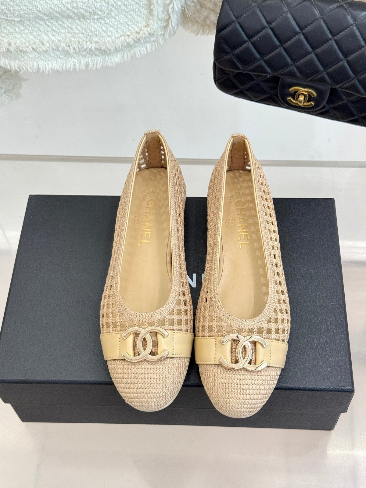 CC Mesh Woven Ballet Flats Beige Woven Fabric 904674