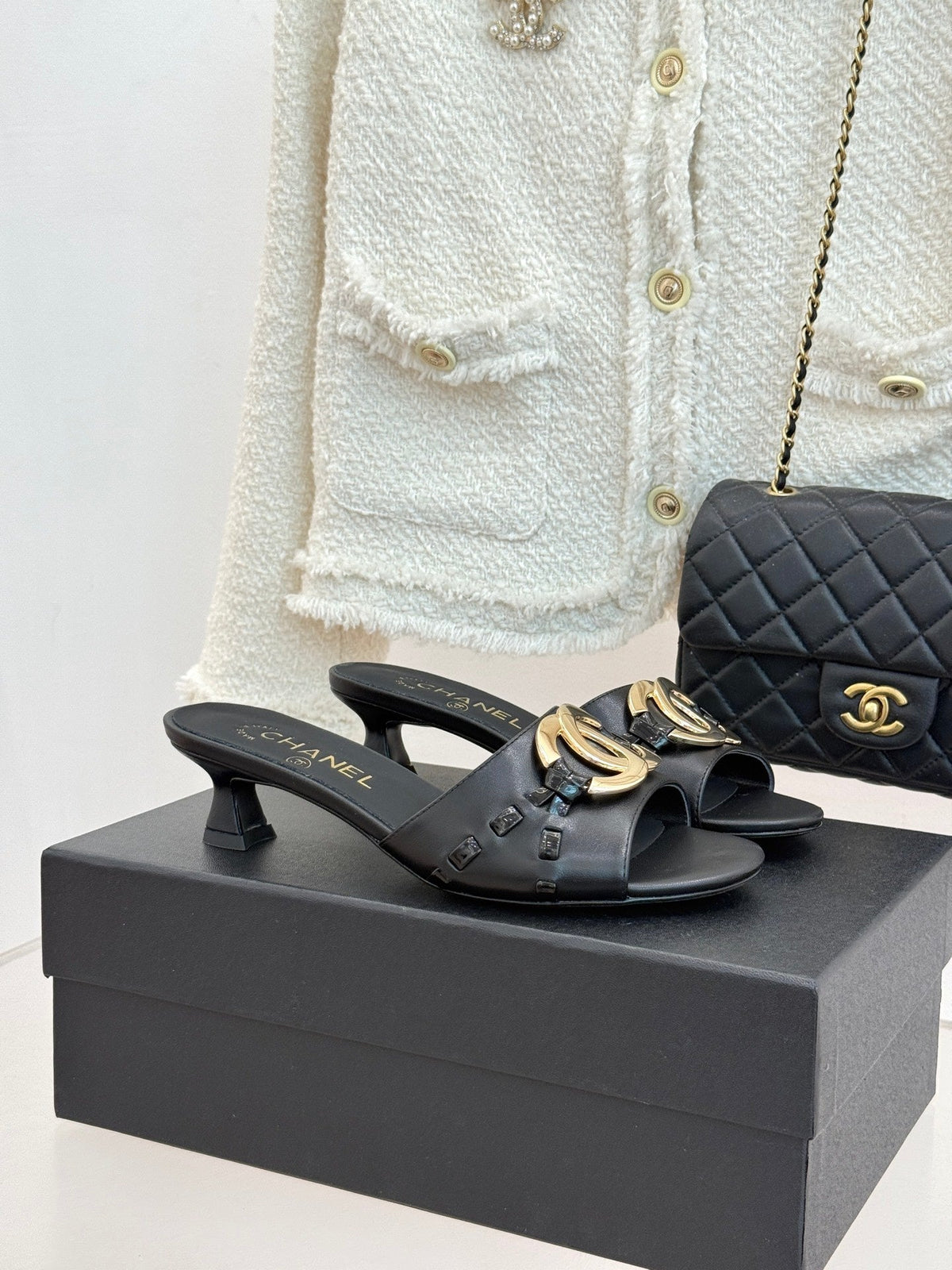 CC Flared Heel Mules Black Lambskin Leather 904665